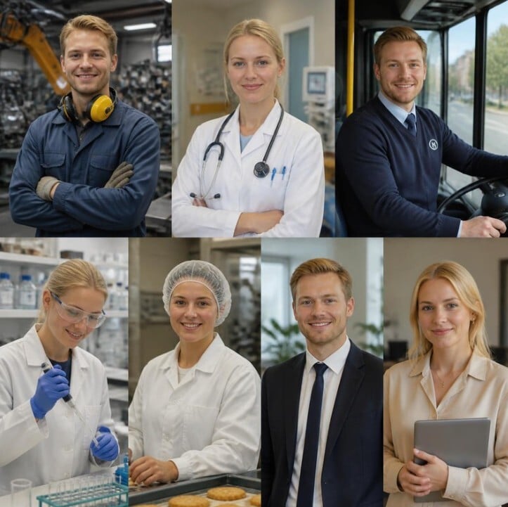 bild på olika människor från branscher såsom industri, hälsa, transport, lab etc